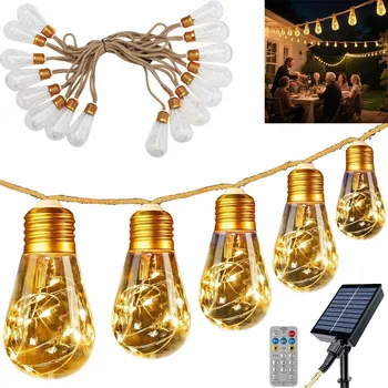 Venkovní osvětlení 7,8m Solární LED girlanda zahradní, 16x LED žárovka, konopné lano na balkon