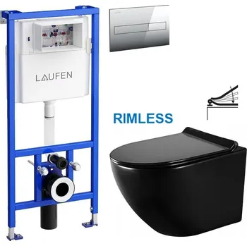 WC sada LAUFEN Rámový podomítkový modul CW1 SET s chromovým tlačítkem + WC MEXEN LENA ČERNÁ Rimless + SEDÁTKO H8946600000001CR ME01