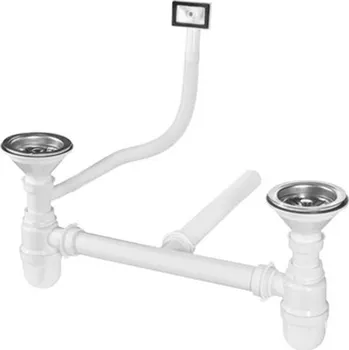 Sifon Dřezový sifon s přepadem, včetně 2 pilet, podložka baterie - pro dvojdřezy