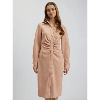 Dámské oblečení Světle růžové dámské pouzdrové šaty v semišové úpravě