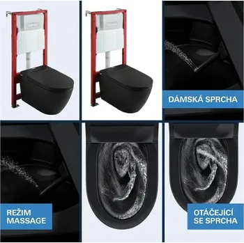 Klozet BESTECO Set Smart Automat Závěsné Bidetovací WC Rimless Černé 80x70x14 cm + Předstěnový instalační modul se zvukoizolační deskou a dálkovým ovládáním