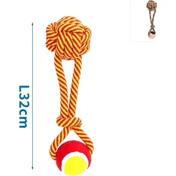 Hračka pro psa Nobleza Bavlněná šňůra s uzlem a míčkem - 32 cm (červená/hnědá)