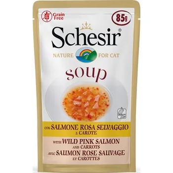 Krmivo pro kočku Schesir Cat Soup - Divoký růžový losos s mrkví 85 g