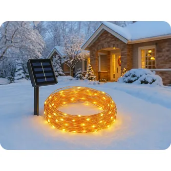 Venkovní osvětlení Solární LED měděný řetěz 20m+2m, 200xLED, 600mAh, 8funkcí, IP44, teplá bílá [RTV100387]