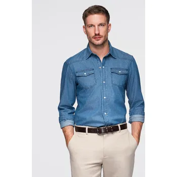 Pánské oblečení Pánská džínová košile na patentky s kapsami - modrá V2 OM-SHDS-0210 - M