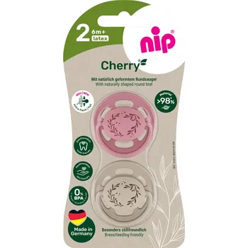 dudlíky NIP CHERRY NATURE line šidítko, kaučuk,velikost 2 (6m+), 2ks, red/brown