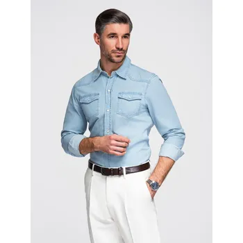 Pánská džínová košile s kapsami na patentky - světle modrá V1 OM-SHDS-0210 - XL