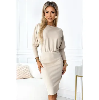 Dámské šaty Světle béžové elegantní midi šaty CELIA 399-3 Velikost: L