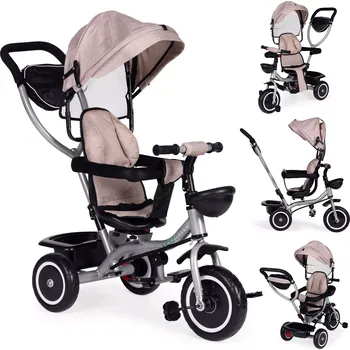 Hračka Dětská 2v1 tříkolka s otočným sedadlem a skládací stříškou, béžová ECOTOYS