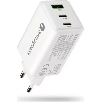 síťová nabíječka everActive GaN 65W s USB a 2× USB‑C PD PPS QC4+, bílá