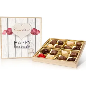 Bonboniéra Selllot, s.r.o., K Hájům 34, 155 00 Praha 5 - Vyrobeno v Belgii Happy Valentines Day - belgické pralinky v dřevěné dóze 200 g