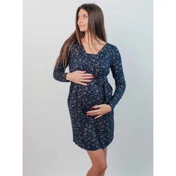 Těhotenské šaty Mama L'amour Elegantní těhotenské a kojící šaty 3v1 Blufi tmavě modré s kvítky dlouhý rukáv Velikost: XL