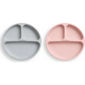 Stolování BocioLand 2x Silikonový talíř, tříkomorový - růžový, šedý