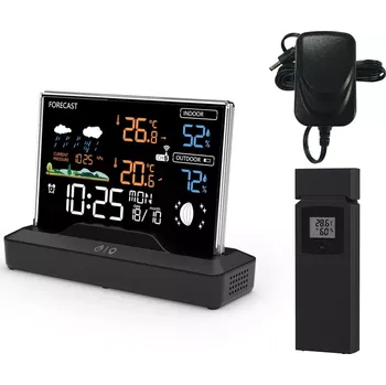 Meteostanice Podsvícená bezdrátová meteostanice s barevným LCD, venkovním senzorem, teploměrem, barometrem a rádiově řízenými hodinami