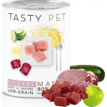 Krmivo pro psa TASTY PET konzerva pro psy masové filety v želé s hovězím, vepřovým a cuketou 400g