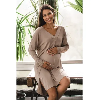 Těhotenské noční prádlo Bambusová těhotenská a kojící košile s dlouhým rukávem 3v1 Moon tmavě béžová Velikost: XS
