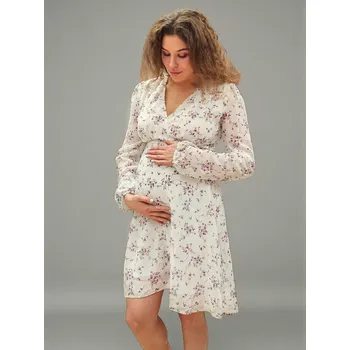 Těhotenské šaty Elegantní šifonové těhotenské a kojicí šaty Solenne 3v1 – bílé s fialovými kvítky, dlouhý rukáv Velikost: M