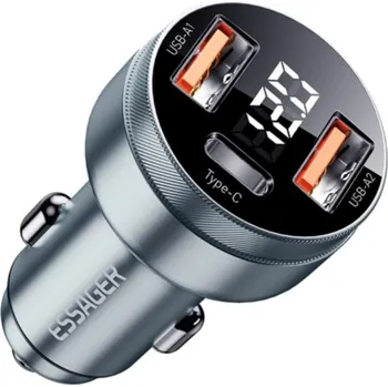 ESSAGER ES-CC10 autonabíječka s displejem a porty USB-C / 2x USB-A - 80W - šedá