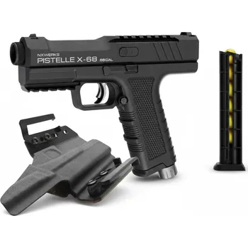 Airsoftová zbraň NxWerks PISTELLE X-68 Gen.2 .68 až 50 J + Vnější kydexové pouzdro OWB Pravá strana,černé + Originální náhradní zásobník Pistelle X-68