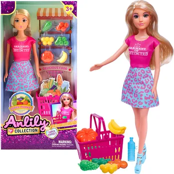 Panenka Panenka s nákupním košíkem a prodejnou ovoce a zeleniny