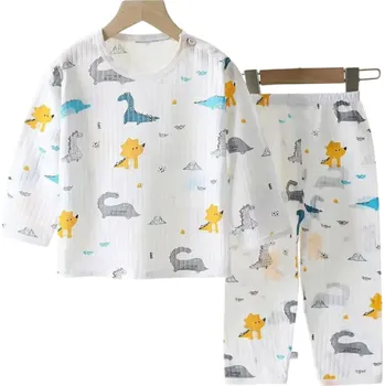 Unisex dětská bílá souprava triko s dlouhým rukávem a kalhoty na gumu Potisk dinosaurů Výstřih do O Bavlněný set 9-12 měsíců