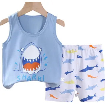 Dětský modrý set se žralokem tílko se širokými ramínky a kraťasy na gumu Unisex bavlněná letní souprava 7