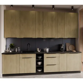 Kuchyňská linka Kuchyňská linka Cremona, sestava C 3, 300 cm, 12 skříněk, dub cremona/černá matná