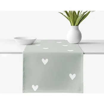 ubrus Běhoun na stůl 100% bavlněné plátno - Srdíčka na šalvějově zeleném 35x120 cm