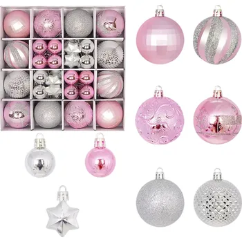 Vánoční dekorace Luxusní růžovo stříbrné Vánoční ozdoby 44 ks 3 - 6 cm Koule a hvězdy Různé velikosti pro elegantní výzdobu stromečku