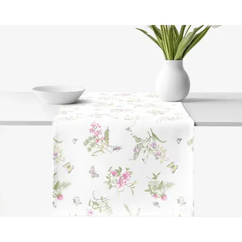 ubrus Běhoun na stůl 100% bavlněné plátno - Barevné luční květiny na bílém 35x140 cm