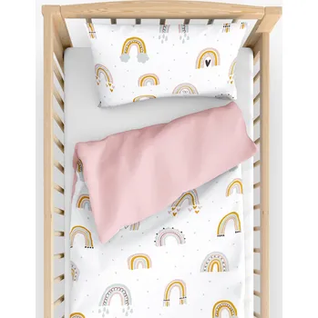 Povlečení Dětské bavlněné povlečení do postýlky Duo - Malované duhy s pudrově růžovou 100 x 135 a 40 x 60 cm