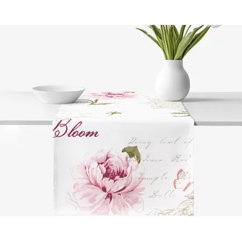 ubrus Běhoun na stůl 100% bavlněné plátno - Pivoňky s texty 35x160 cm
