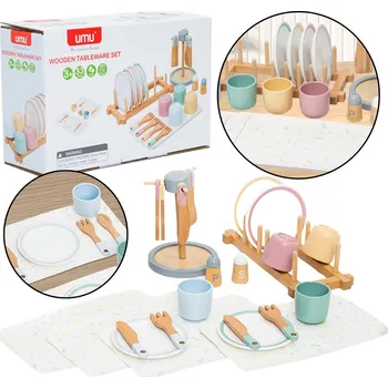 Dřevěná hračka Mamido Dřevěná sada dětského nádobí se stojanem 33 kusů
