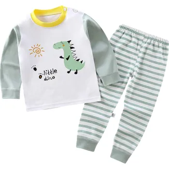 Dětský pruhovaný zelený set s potiskem dinosaurů triko s dlouhým rukávem kalhoty na gumu Unisex bavlněná souprava 5