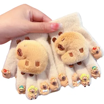 Rukavice Dětské plyšové rukavice univerzální velikost Hřejivé rukavice s plastickým vzorem kapybary z bavlny pro zimní nošení 4