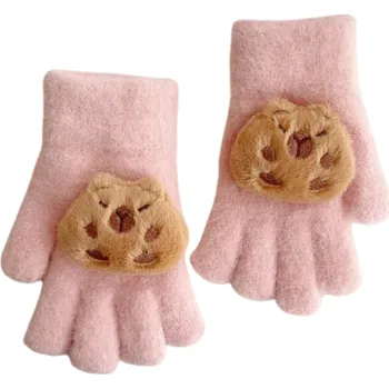 Rukavice Dětské plyšové rukavice univerzální velikost Hřejivé rukavice s plyšovým vzorem kapybary z bavlny pro zimní nošení růžová