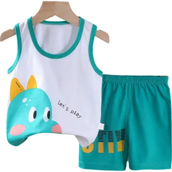 Dětský tyrkysový set s dinosaurem tílko se širokými ramínky a kraťasy na gumu Unisex bavlněná letní souprava 2