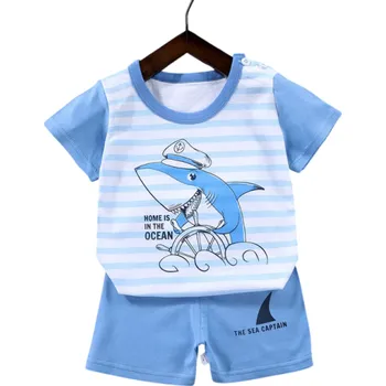 Dívčí oblečení Dětský modrý set s potiskem žraloka tričko s krátkým rukávem a kraťasy na gumu Unisex bavlněná letní souprava 2
