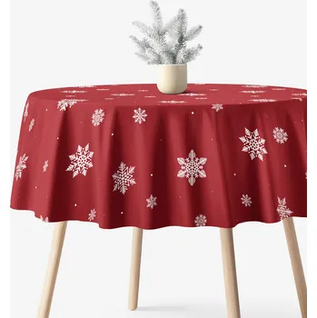 ubrus Kulatý ubrus 100% bavlněné plátno - Sněhové vločky na červené Ø 100 cm