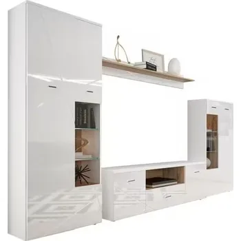 Televizní stolek Bílá obývací stěna Genova 340 x 196 x 40 MDF, sklo