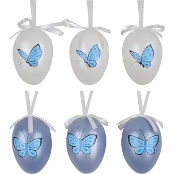 Velikonoční dekorace Vajíčka modrobílá s motýlky 6 cm, 6 ks v balení