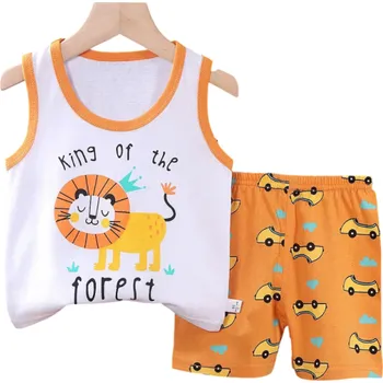 Dětský oranžový set s lvem tílko se širokými ramínky a kraťasy na gumu Unisex bavlněná letní souprava 9-12 měsíců