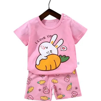 Dětský růžový set s potiskem králíčků tričko s krátkým rukávem a kraťasy na gumu Unisex bavlněná letní souprava 7