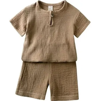 Unisex dětský jednobarevný set tričko s krátkým rukávem a kraťasy na gumu Knoflíky ve výstřihu Výstřih do O hnědá 5