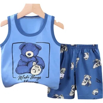 Dívčí oblečení Dětský modrý set s medvídkem tílko se širokými ramínky a kraťasy na gumu Unisex bavlněná letní souprava 2