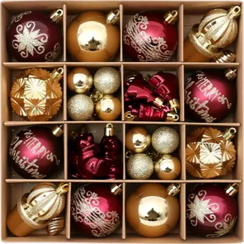 Vánoční dekorace Luxusní sada 42 ks Vánočních ozdob 6 cm Malované dekorace v barvě vínová a zlato Různé tvary ozdoby na vánoční stromeček