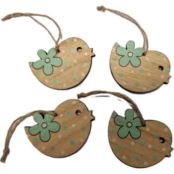 Velikonoční dekorace Dřevěný ptáček s kytičkou - závěsný, 6 cm, zelený