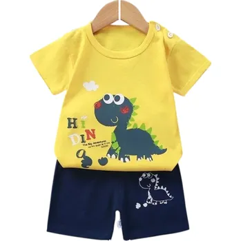 Dětský žlutý set s potiskem dinosaura tričko s krátkým rukávem a kraťasy na gumu Unisex bavlněná letní souprava 6