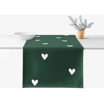ubrus Běhoun na stůl 100% bavlněné plátno - Srdíčka na tmavě zeleném 35x120 cm