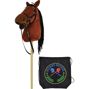 plyšák Hnědý kůň na tyči 73 cm, s černým batohem, se zvukem koně